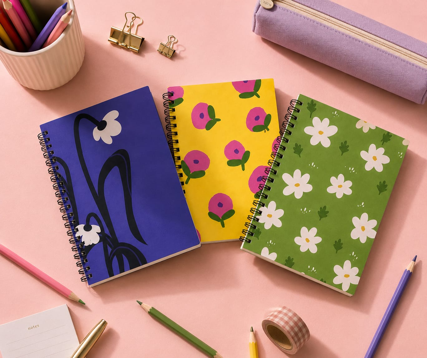 Three colorful notebooks with floral patterns on a pink surface with stationery items.